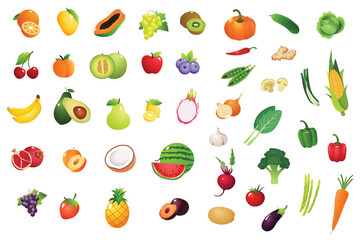 Large set of fruits and vegetables. All kinds of green vegi and fruit for cooking meals. Vegetables and fruits in a juicy cartoon style. A bright element for design. Apple, tomato, cucumber, plum, pas