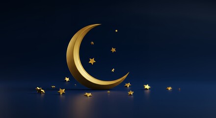 Naklejka premium Golden Crescent Moon and Stars on Dark Blue Background Illustration