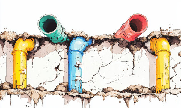 A Vivid Depiction of Colorful Pipe Infrastructure Emerging from Cracked Concrete, Merging Artfulness with Industrial Design