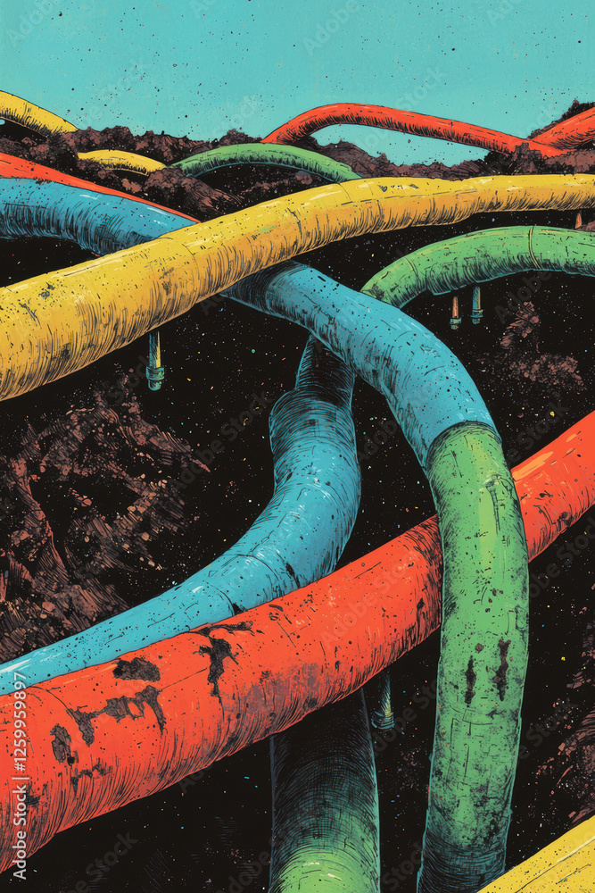 Poster a vibrant exploration of colorful pipes in a surreal landscape: a modern digital artwork that blurs 