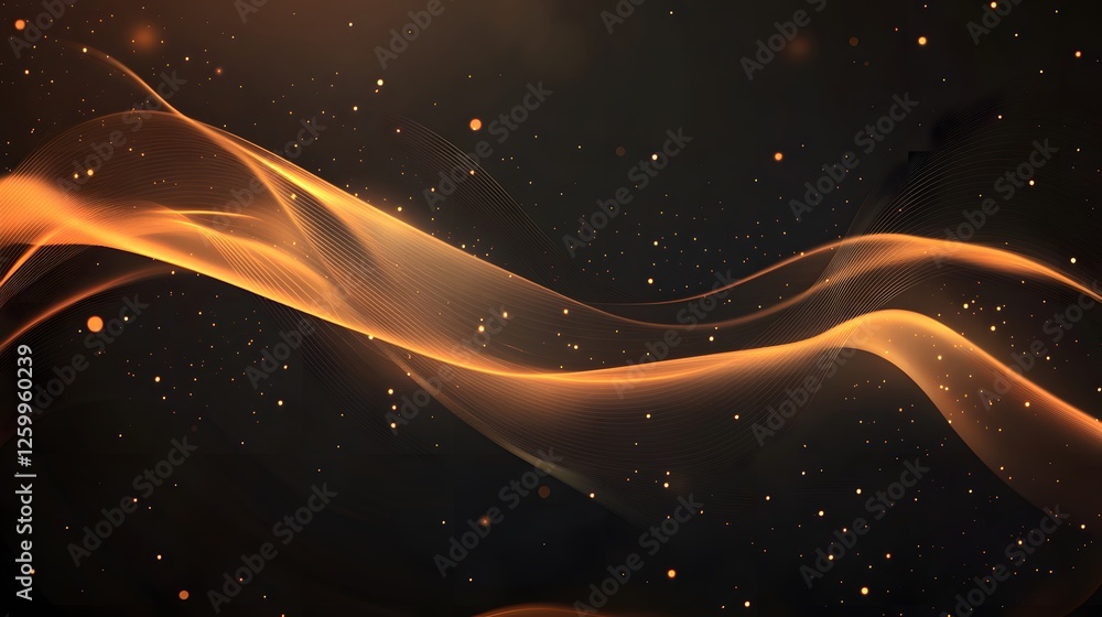 Poster golden ribbons flow across a dark background with sparkling particles