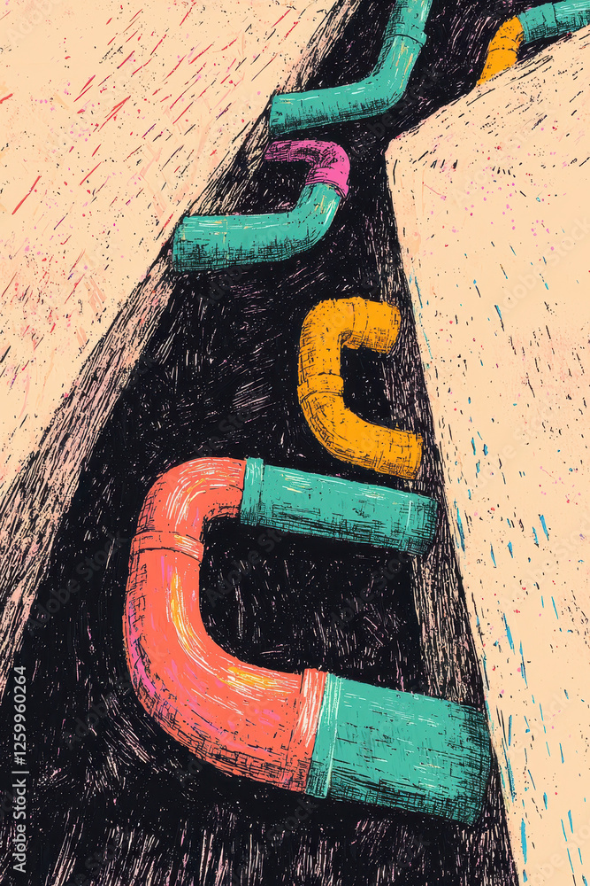 Poster an engaging abstract illustration of colorful pipes highlighting modern infrastructure and design co
