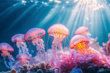 Pink jellyfish ocean reef sunlight underwater nature