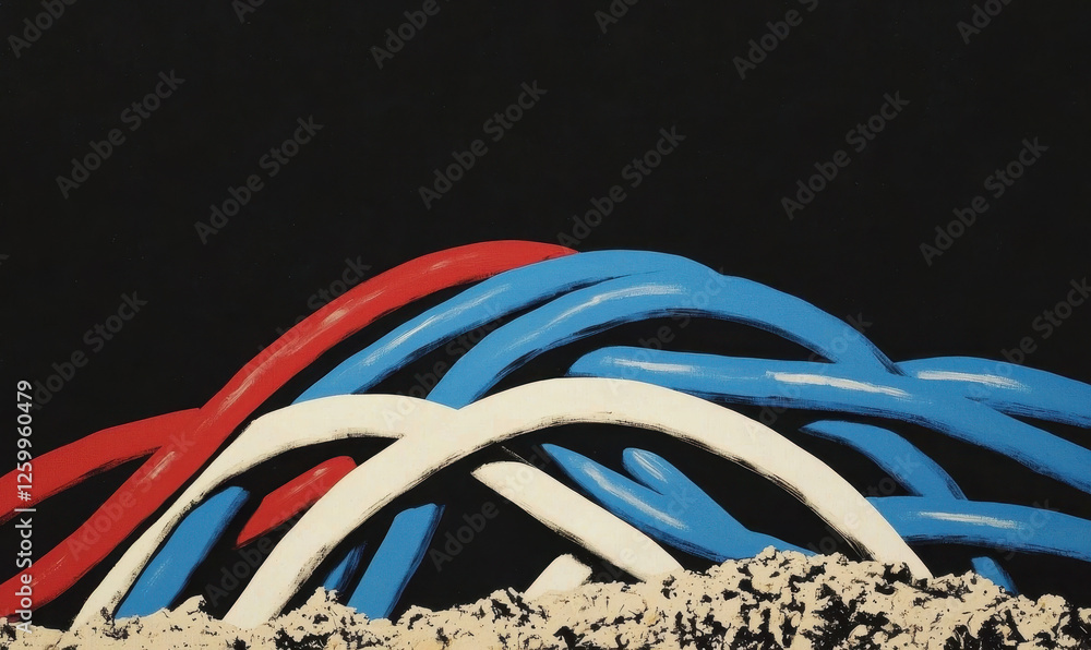 Poster exploring the depths of modern abstract art through dynamic lines and vivid colors against a pure bl