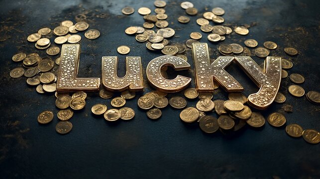 Golden lucky letters surrounded by scattered coins on a dark surface in a decorative arrangement