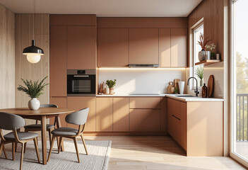 Fototapeta premium Modern kitchen interior design with copper cabinets and light wood paneling, minimalist aesthetic and warmth concept.