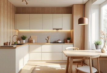 Modern kitchen interior with cream cabinets and light wood accents, cozy and inviting atmosphere. Elegant minimalist design concept.