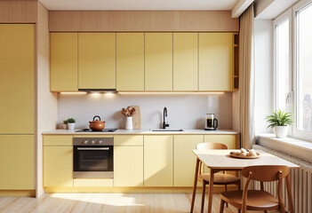 Modern kitchen interior design with soft yellow cabinets and light wood paneling, radiating warmth and simplicity. Cozy minimalist space concept.