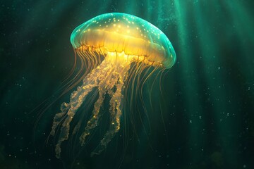 Golden jellyfish underwater, ocean sunbeams, aquarium background, marine life poster