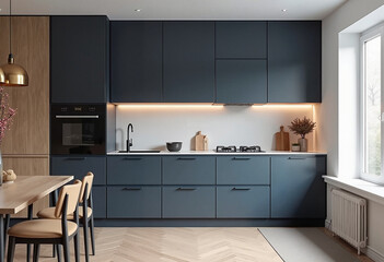 Scandinavian kitchen interior design featuring midnight blue cabinets and light oak accents, minimalist modern ambiance, refined living concept.