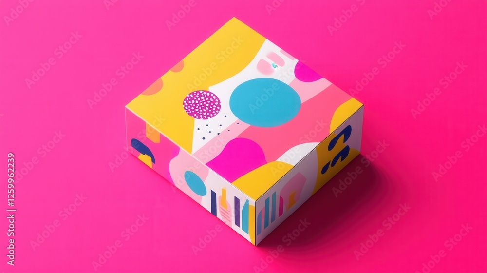 Poster vividly designed product box mock-up, showcasing a flat paper representation with bold colors and dy