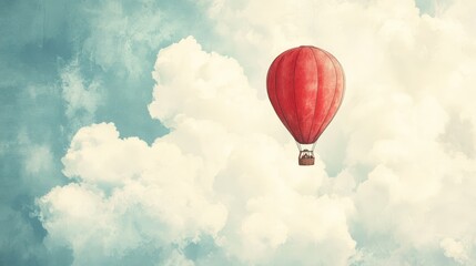 Fototapeta premium A solitary red hot air balloon soars through fluffy clouds