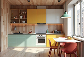 Eclectic kitchen interior with pastel cabinets and stylish dining table near window, modern minimalism. Concept of playful sophistication.