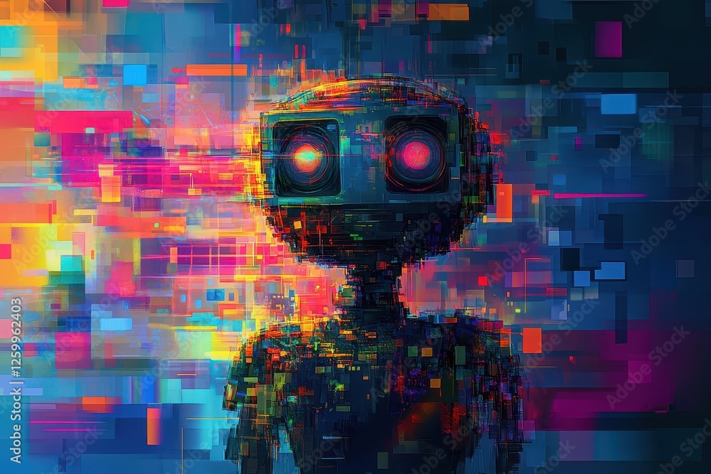 Poster digital robot standing against a colorful glitching abstract background