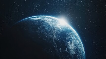 Obraz premium Sun rises over a blue planet in deep space