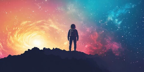 Astronaut stands gazing at a vibrant and colorful nebula