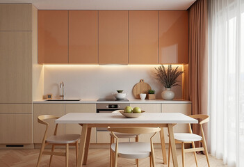 Modern kitchen interior design featuring apricot cabinets and light wood paneling, minimalist atmosphere. Concept of contemporary living space.