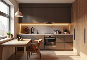 Modern kitchen interior with coffee brown cabinets and light wood paneling, minimalistic elegance. Concept of cozy living and design aesthetics.