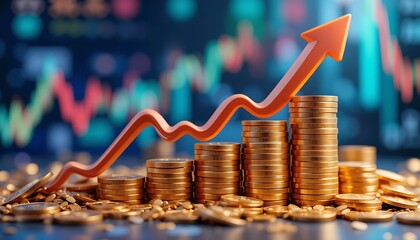 Financial Growth and Investment Success: Rising Gold Coins and Upward Trending Graph