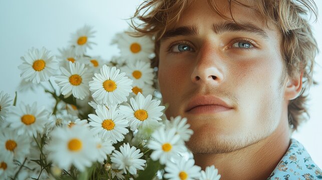 Fair-skinned man in light blue suit holding white daisy bouquet against a white backdrop