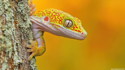 Obraz premium A brightly colored gecko clinging to a textured tree trunk.