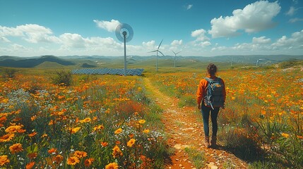 Fototapeta premium Woman hiking through flower field with solar panels and wind turbines