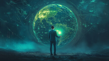 Fototapeta premium Businessman in a suit standing at the intersection of technology and nature.