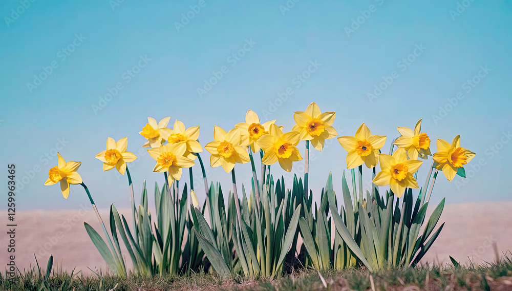 Aufkleber bright yellow daffodils in a natural setting in spring against a clear blue sky.