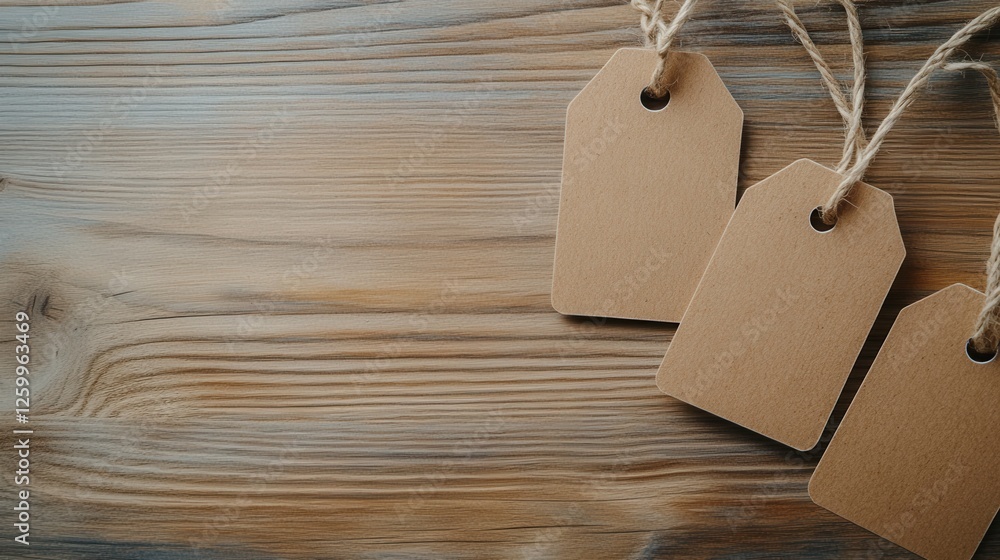 Poster flat-lay mock-up of packaging tags arranged on a rustic wooden surface, showcasing design elements a