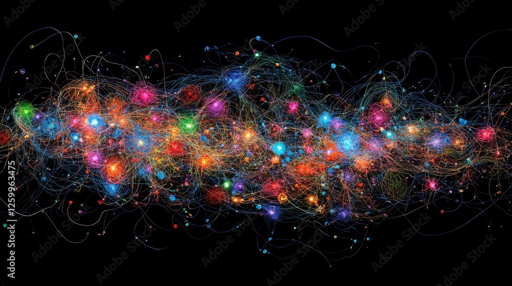 Poster a dark background with neon-colored lines forming an interconnected web of technology.