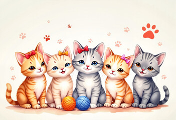 Fototapeta premium Group of adorable playful kittens with tiny bows and curious eyes, surrounded by yarn balls and paw prints on a light pastel background, cozy home scene.