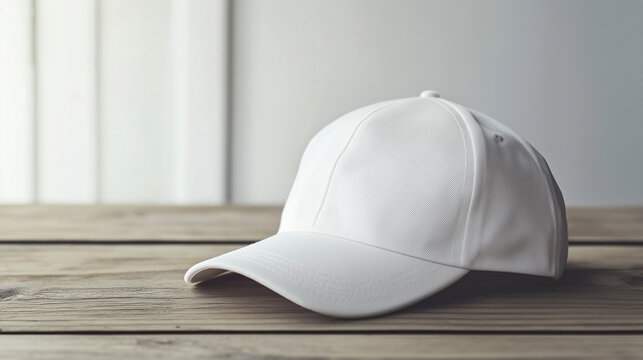 Detailed studio shot of a blank basecap resting on wood, perfect for advertising needs.