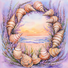 Summer Seashells and Lavender Wreath at Sunset Beach