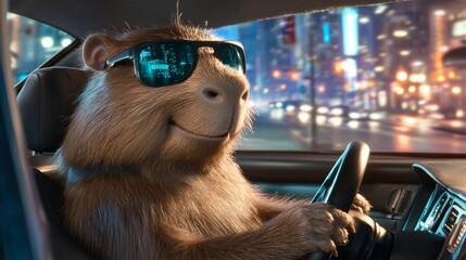 A cheerful animated capybara driving wearing sunglasses is driving a car through a bustling city at night