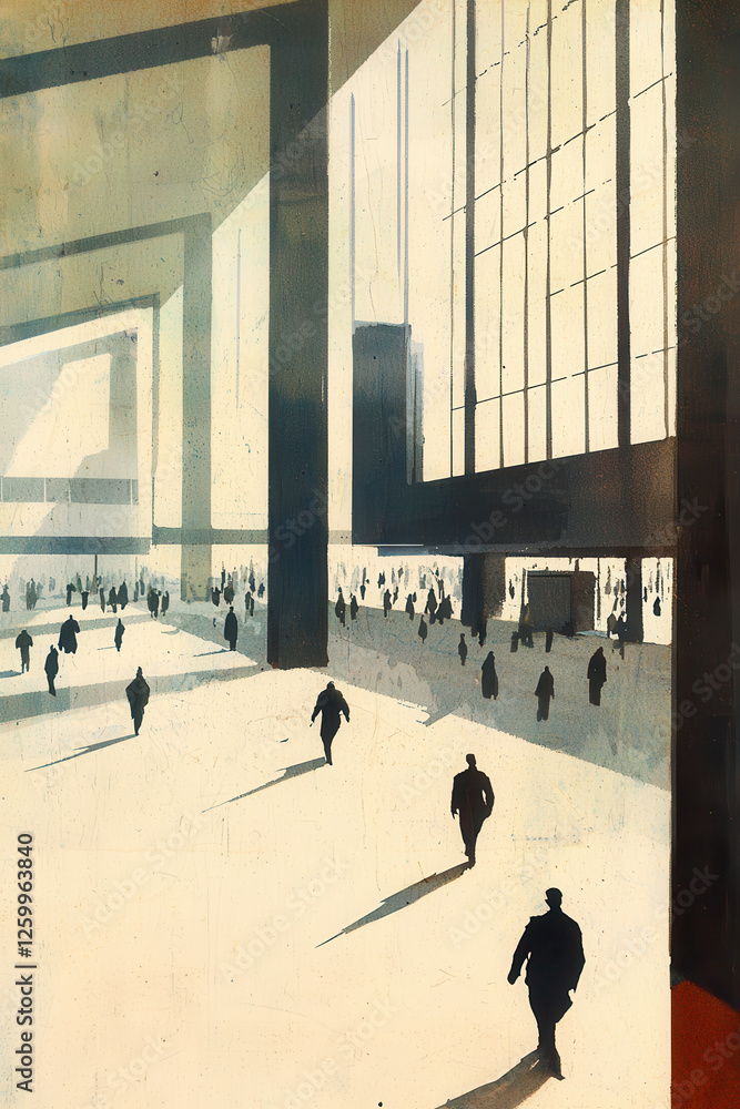 Poster an evocative urban space: exploring shadows and light in modern architecture and human interaction w