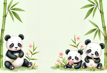 Playful pandas munching bamboo shoots with smiling faces surrounded by bamboo leaves and tiny blossoms on a light green background, joyful and vibrant design concept.