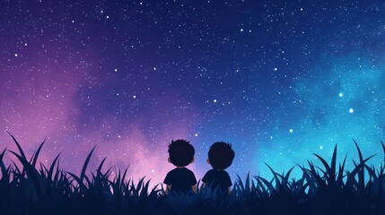 Obraz premium Boys stargazing under a cosmic sky countryside digital art nighttime side view wonder and imagination