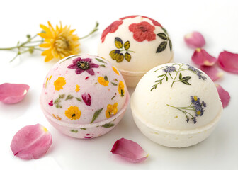 Natural floral bath bombs neatly arranged on a white background.