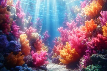 Vibrant coral reef underwater scene, sunlit, ocean background, aquarium backdrop