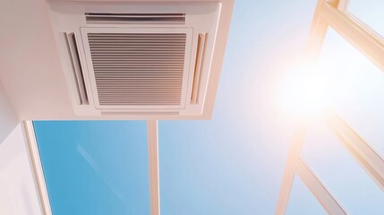 Obraz premium Cooling system installation in modern skylight room air conditioning bright environment upward view comfort solutions