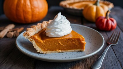 Pumpkin Pie: Spiced pumpkin filling in a flaky crust, often topped with whipped cream. A classic dessert, especially during fall.