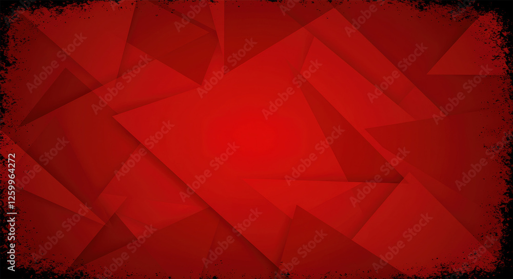 Poster abstract red background with black grunge borders, triangle shapes in red transparent layers with an