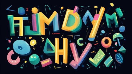 Vector of stylized modern alphabet design with uppercase, lowercase, numbers and symbols 