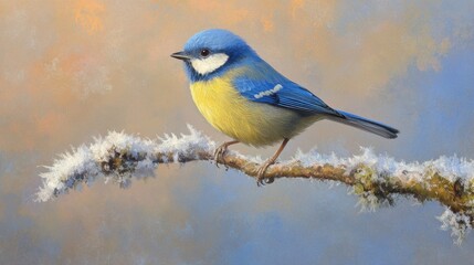 Obraz premium A Eurasian blue tit perched on a frost-covered branch in winter.