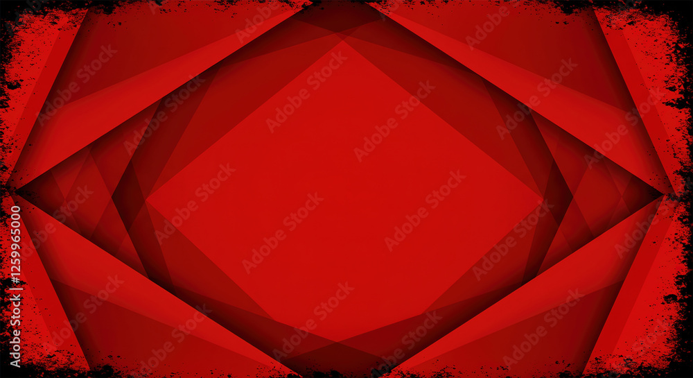 Poster abstract red background with black grunge borders, triangle shapes in red transparent layers with an