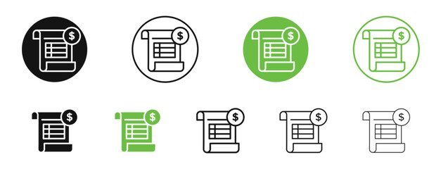 Invoice icons in black and green colors collection