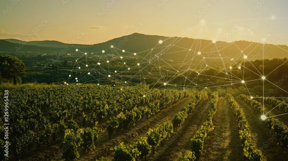 Poster a futuristic interface displaying blockchain transactions linked across a digital landscape.
