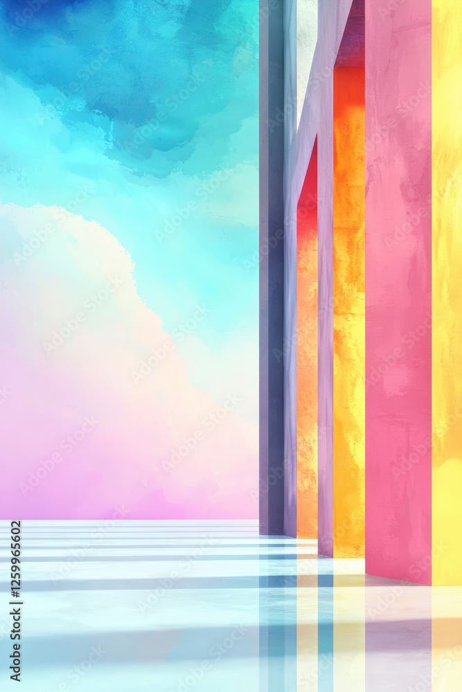 Poster exploring vibrant architectural expression: a colorful abstract design with unique geometry and refl