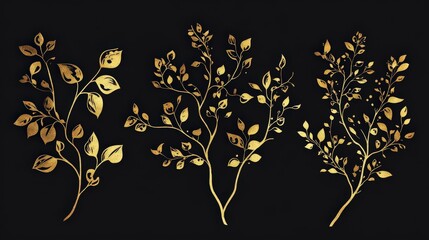 Gold Dividers. Hand-drawn Elegant Set of Nature Plants in Vintage Style