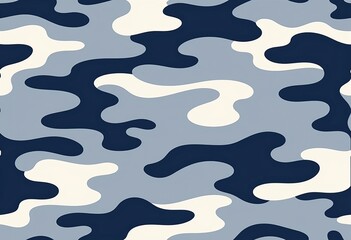 Flat Vector Blue and Gray Camouflage Pattern with Waves: Military Uniform or Background Design, Navy Lines on Light Gray, Seamless, High-Quality, Minimal Detail, Versatile Print.

